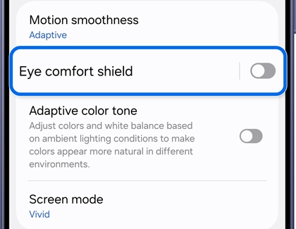 Display menu with the Eye comfort shield toggle turned off.