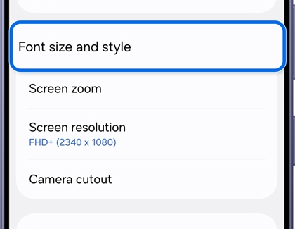 Display menu with the Font size and style option highlighted.