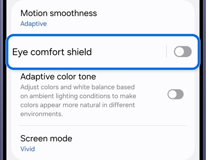 Display menu with the Eye comfort shield toggle turned off.