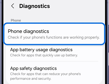 The Diagnostics screen, highlighting Phone diagnostics.
