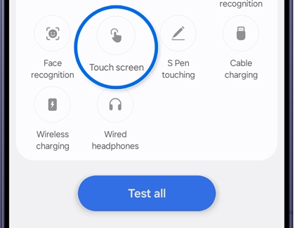 The list of Phone diagnostics tests, highlighting Touch screen.