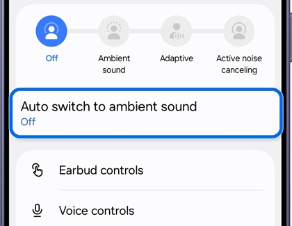 Galaxy Buds settings screen with Auto switch to ambient sound highlighted.