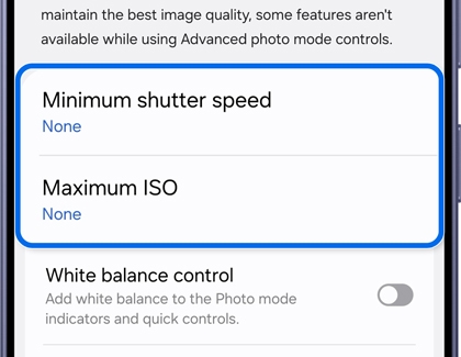 Advanced Photo mode controls menu with Minimum shutter speed and Maximum ISO set to None.