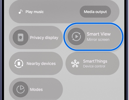 Samsung Galaxy Quick settings panel with Smart View outlined in blue.