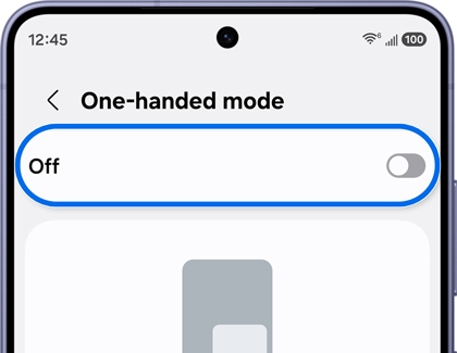 Samsung Galaxy One-handed mode settings screen with the Off toggle outlined in blue.