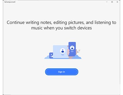 Samsung account app screen on a PC with Sign in option highlighted.