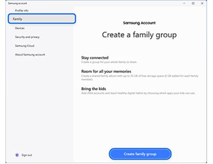 Samsung account app screen on a PC with the Family menu highlighted.