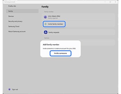 Samsung account app screen on a PC with the Invite someone option highlighted.