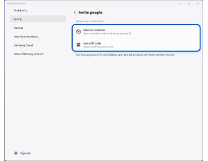 Samsung account app screen on a PC with the Send an invitation and Use a QR code  options highlighted.