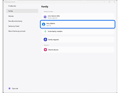 Minor profile account highlighted in the Family menu in the Samsung account app on a PC.