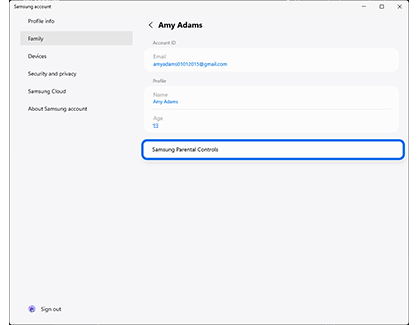 Samsung Parental Controls menu highlighted in the Samsung account app on a PC.