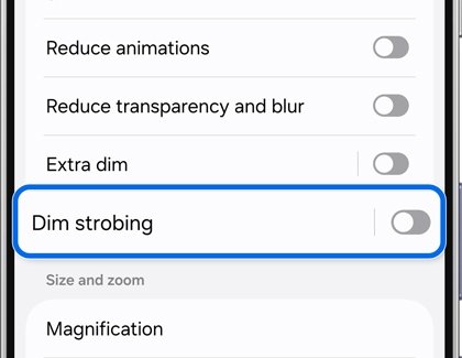 A Galaxy phone screen showing accessibility settings with the disabled Dim strobing option highlighted.
