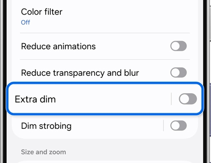 A Galaxy phone screen showing accessibility settings with the disabled Extra dim option highlighted.