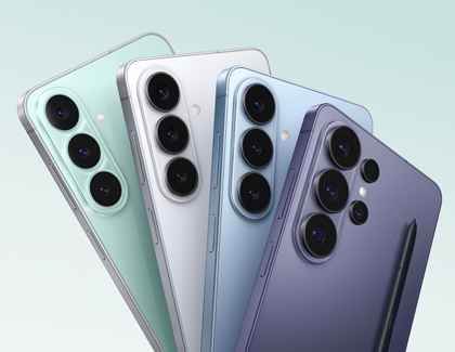 Four Samsung Galaxy S26 smartphones in different colors displayed fan-style with an S Pen.