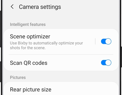 A list of Camera settings on the Galaxy S9+