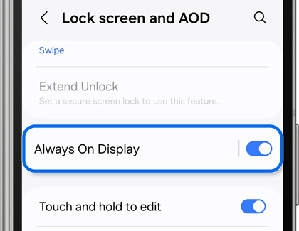 Always On Display highlighted and activated in Lock screen and AOD settings