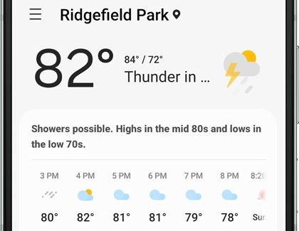 Weather app displaying location, temperature, and hourly forecast