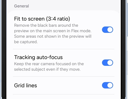 List of General settings in Camera settings screen