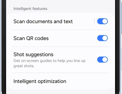 List of Intelligent features in Camera settings screen