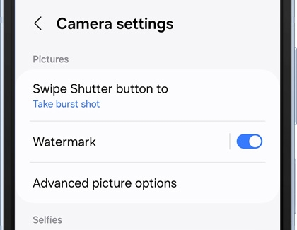 List of Picture settings in Camera settings screen