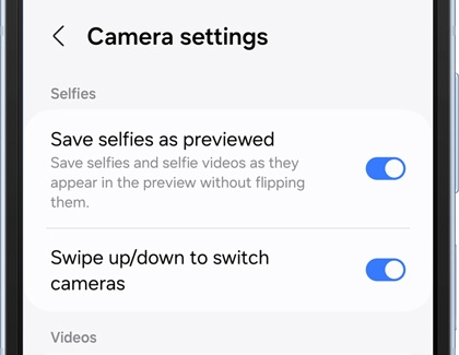 List of Selfies settings in Camera settings screen