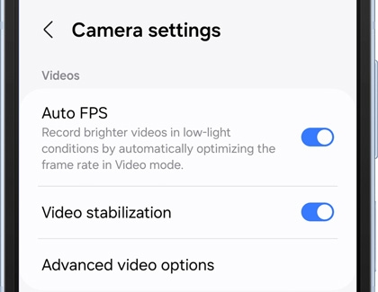 List of Videos settings in Camera settings screen