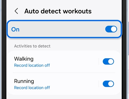 Auto detect workouts settings screen with the switch highlighted and enabled