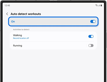 Auto detect workouts screen with the switch highlighted and enabled