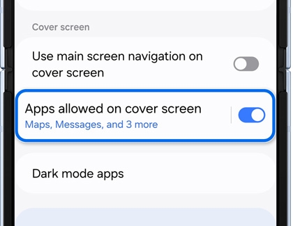 Apps allowed on cover screen hightlighted and activated