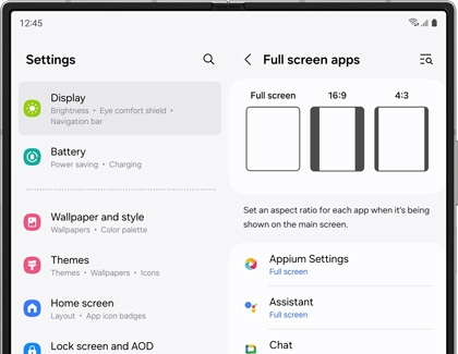 Full screen apps settings screen on a Galaxy Z Fold6