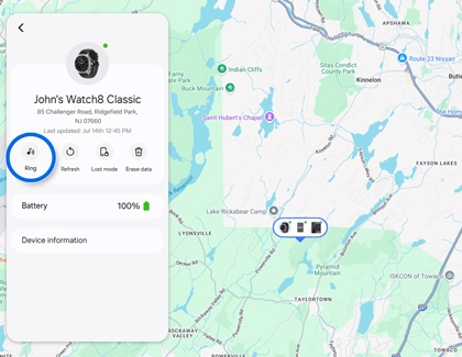 Map showing location of Watch8 Classic with the Ring button highlighted in SmartThings Find.