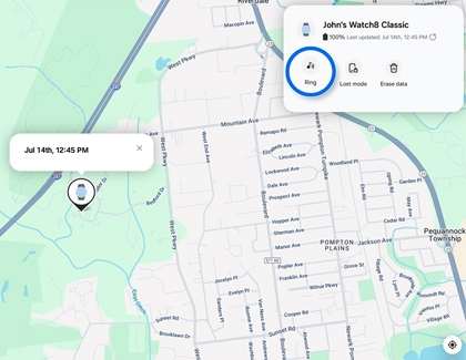 SmartThings Find website showing the location of a Watch8 Classic and the option to ring the device.