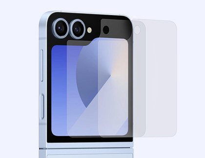 A protective film hovering over the cover screen of the Galaxy Z Flip6