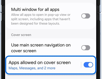 Apps allowed on cover screen highlighted and activated in Settings
