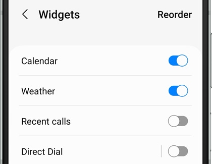 Widgets settings screen displaying list of options such as Calendar, Weather, Recent calls, and Direct Dial