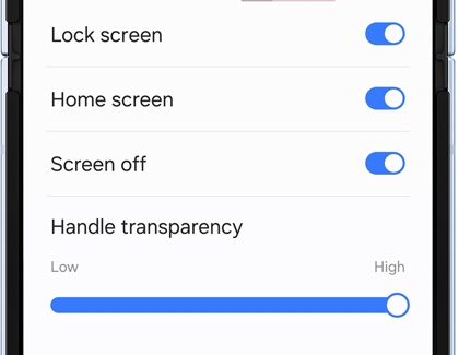 Lock screen, Home screen, Screen off options displayed with the switches turned on and Handle transparency slider adjusted to High