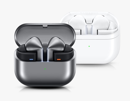 Two Galaxy Buds 3 Pro side by side in two colors, grey and white