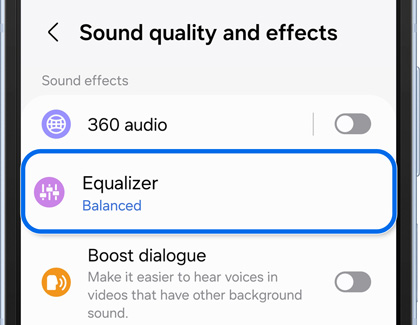 Equalizer highlighted in Sound quality and effects settings screen