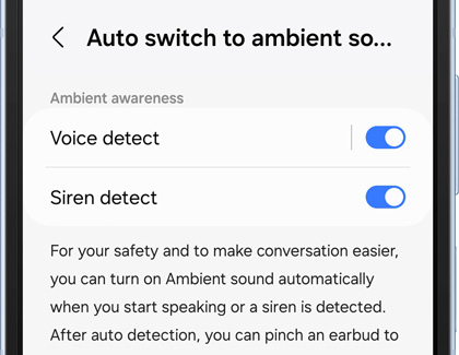 Auto switch to ambient sound settings screen with Voice detect and Siren detect enabled