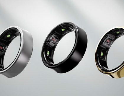 Three Galaxy Rings in silver, black, and gold