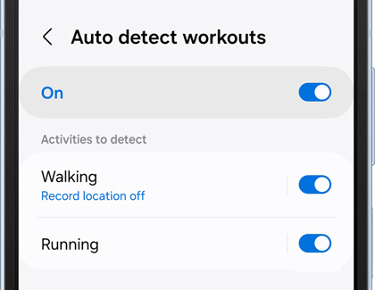 Auto detect workouts settings screen displaying Walking and Running enabled