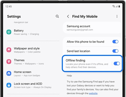 Offline finding highlighted and enabled in Find My Mobile settings