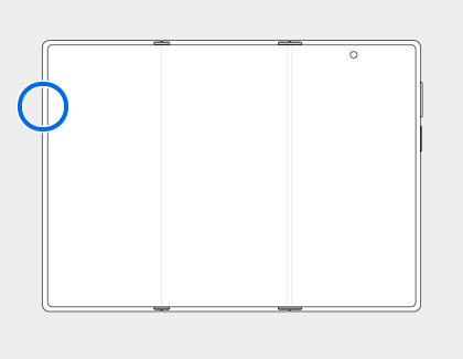 Line drawing of the unfolded Galaxy Z TriFold internal screen with a blue circle on the left edge.
