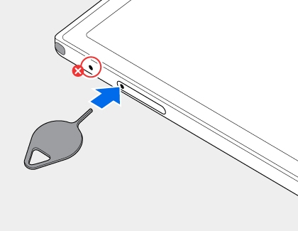 Ejector tool being inserted into a hole on the side of the Galaxy Z TriFold with a blue arrow icon and a red circle with a X icon highlighting the hole next to the sim hole.