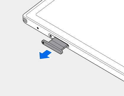 SIM tray partially pulled out from the side of the Galaxy Z TriFold with a blue arrow pointing away from the slot.