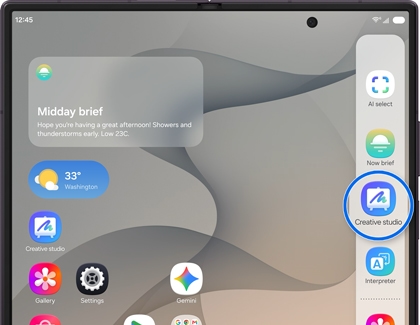 A Galaxy Z Fold showing the home screen with the Creative studio app icon highlighted on the side panel.