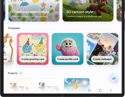 A Galaxy Z Fold displaying various template cards inside the Creative studio app.