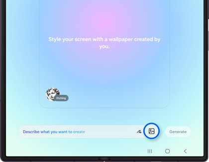 A Galaxy Z Fold showing the Creative studio creation screen with the add photo icon highlighted.