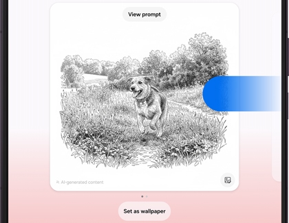 A Galaxy Z Fold displaying an AI generated etching style image of a dog in a field.