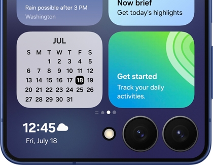 Galaxy Z Flip7 cover screen showing calendar, weather, and activity widgets alongside the date and time.